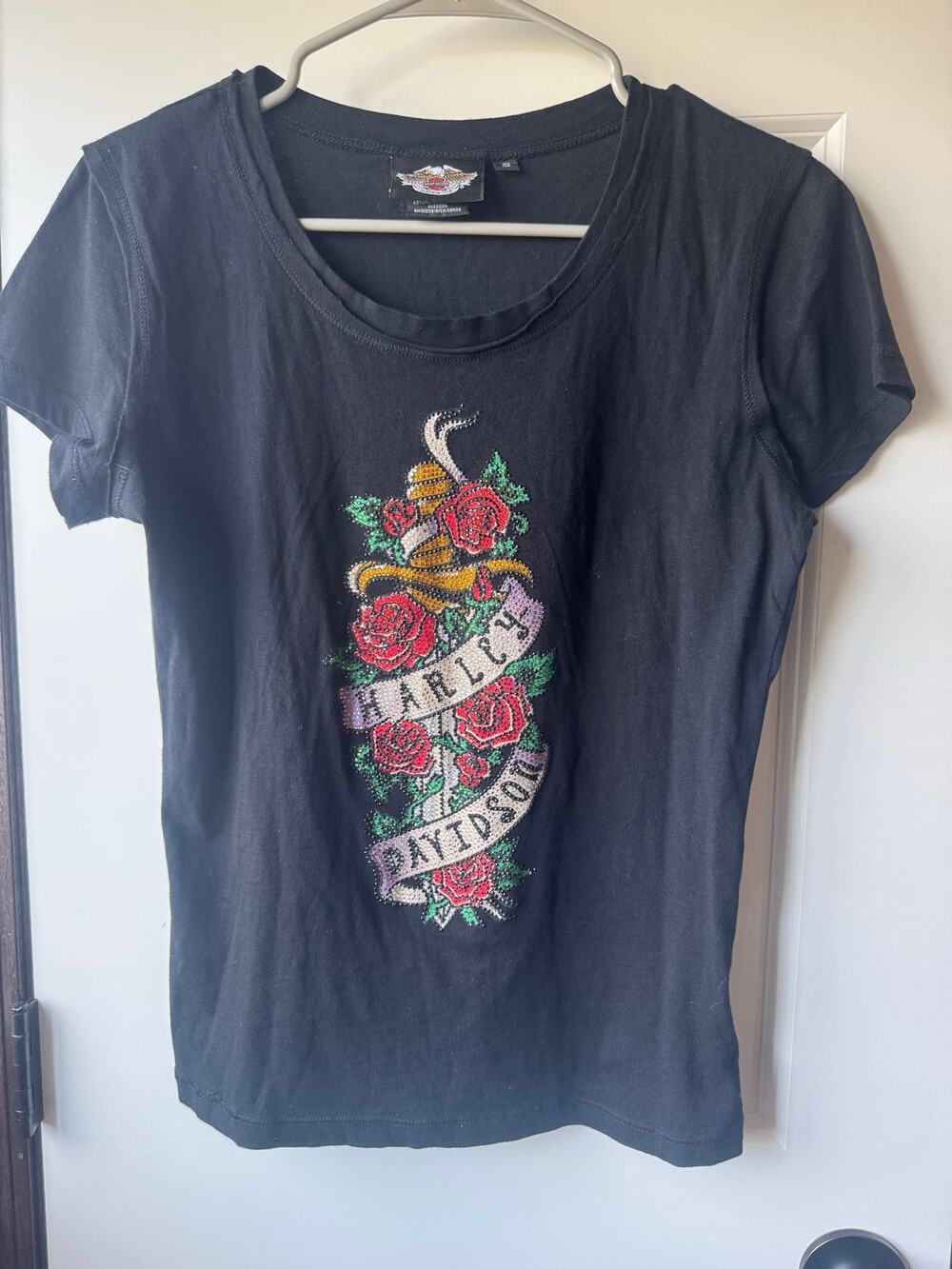 Harley-Davidson Rhinestone Dagger & Roses Black T-Shirt Women's Small S